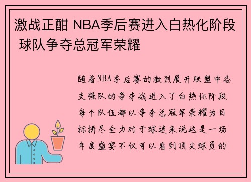 激战正酣 NBA季后赛进入白热化阶段 球队争夺总冠军荣耀
