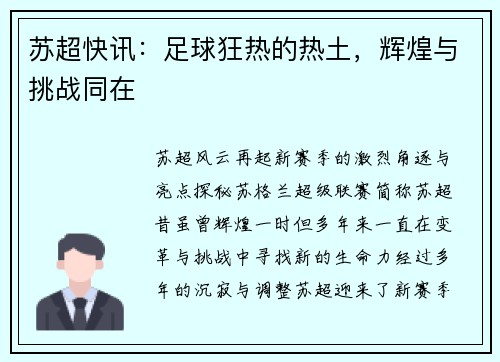 苏超快讯：足球狂热的热土，辉煌与挑战同在