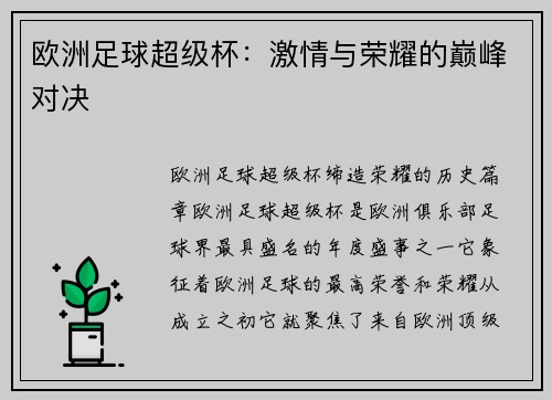 欧洲足球超级杯：激情与荣耀的巅峰对决