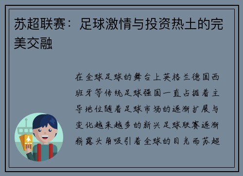 苏超联赛：足球激情与投资热土的完美交融