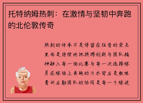 托特纳姆热刺：在激情与坚韧中奔跑的北伦敦传奇