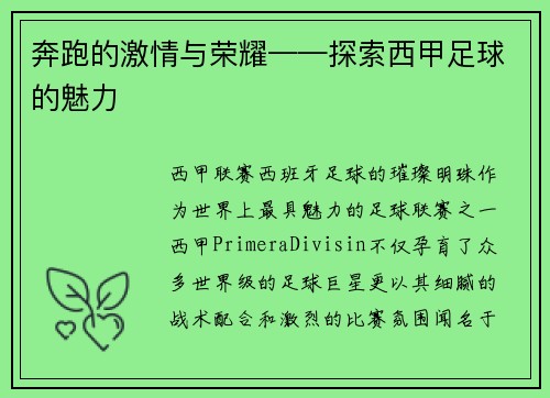 奔跑的激情与荣耀——探索西甲足球的魅力